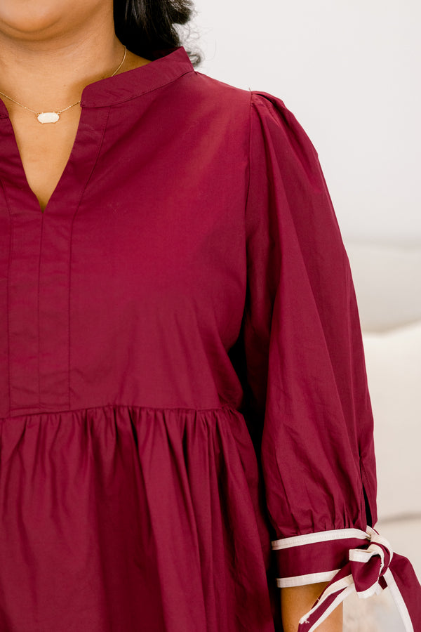 Chic Soul plus size clothing, burgundy red babydoll mid sleeve top with white trim bows at the wrists and v-neckline