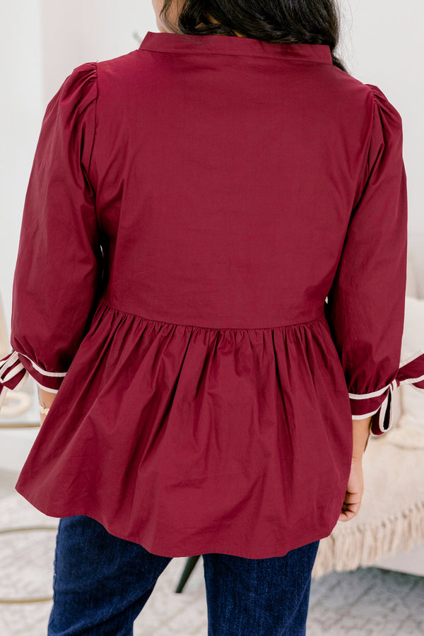 Chic Soul plus size clothing, burgundy red babydoll mid sleeve top with white trim bows at the wrists and v-neckline