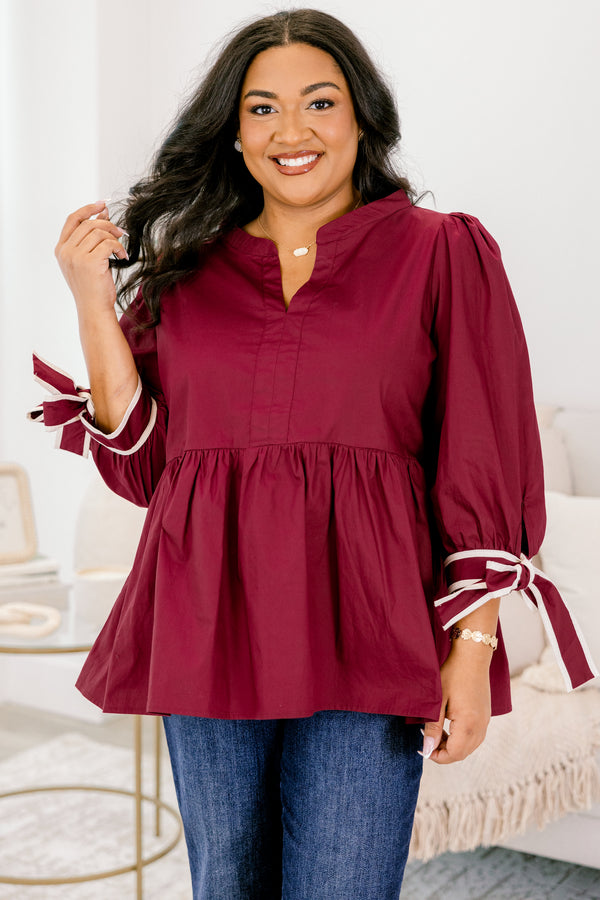 Chic Soul plus size clothing, burgundy red babydoll mid sleeve top with white trim bows at the wrists and v-neckline