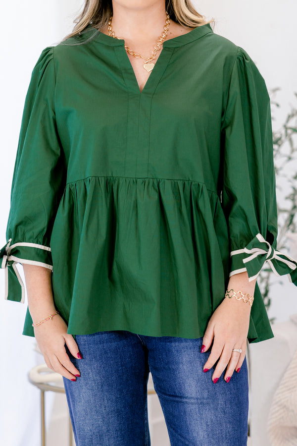 Chic Soul plus size clothing, dark olive long sleeve baby doll top with v neckline cutout and bows that tie on the end of the sleeves