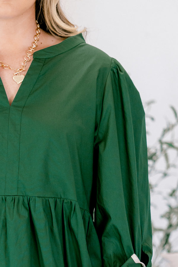 Chic Soul plus size clothing, dark olive long sleeve baby doll top with v neckline cutout and bows that tie on the end of the sleeves