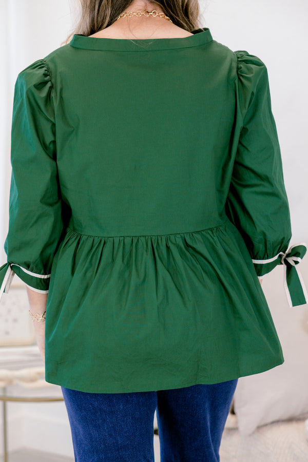 Chic Soul plus size clothing, dark olive long sleeve baby doll top with v neckline cutout and bows that tie on the end of the sleeves