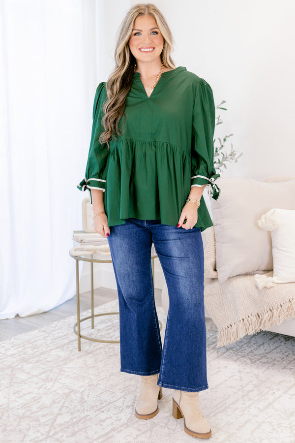 Chic Soul plus size clothing, dark olive long sleeve baby doll top with v neckline cutout and bows that tie on the end of the sleeves