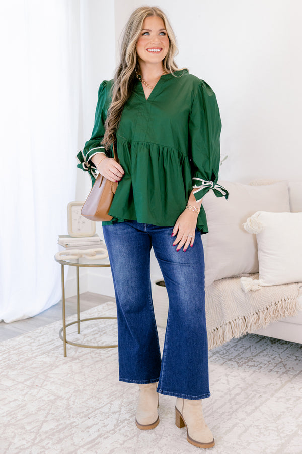 Chic Soul plus size clothing, dark olive long sleeve baby doll top with v neckline cutout and bows that tie on the end of the sleeves