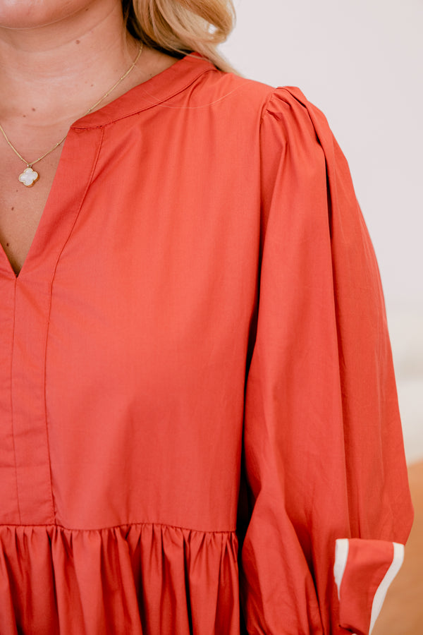 Chic Soul plus size clothing, orange baby doll long sleeve top with a slight v-neckline and bows that tie at the end of each sleeve 