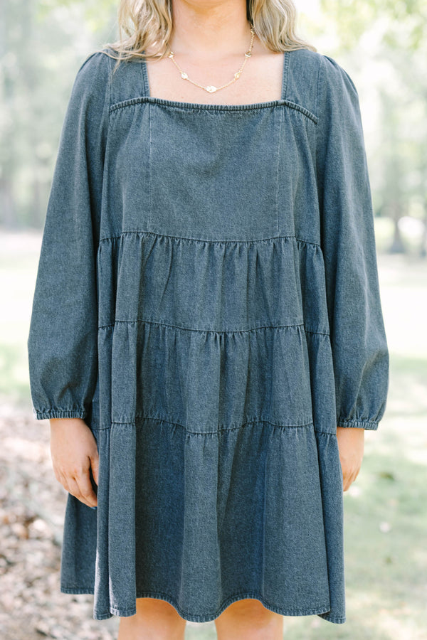 Plus Size gray tiered denim-style dress with a square neckline and long balloon sleeves.