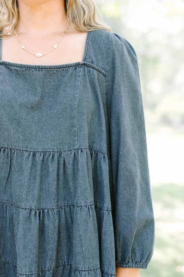 Plus Size gray tiered denim-style dress with a square neckline and long balloon sleeves.