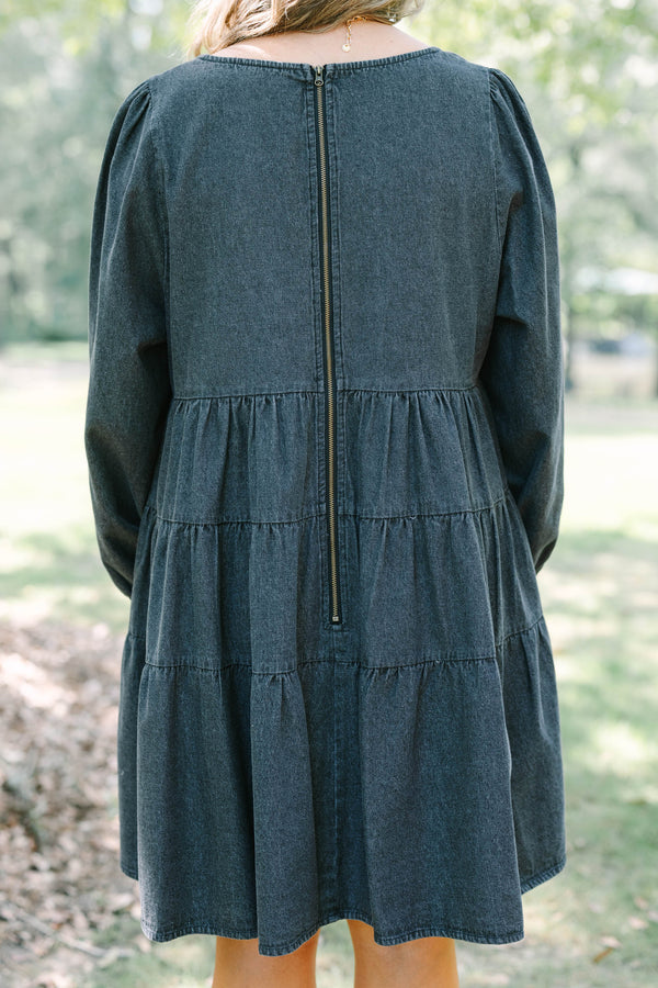 Plus Size gray tiered denim-style dress with a square neckline and long balloon sleeves.