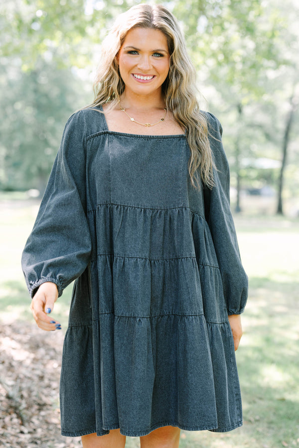 Plus Size gray tiered denim-style dress with a square neckline and long balloon sleeves.