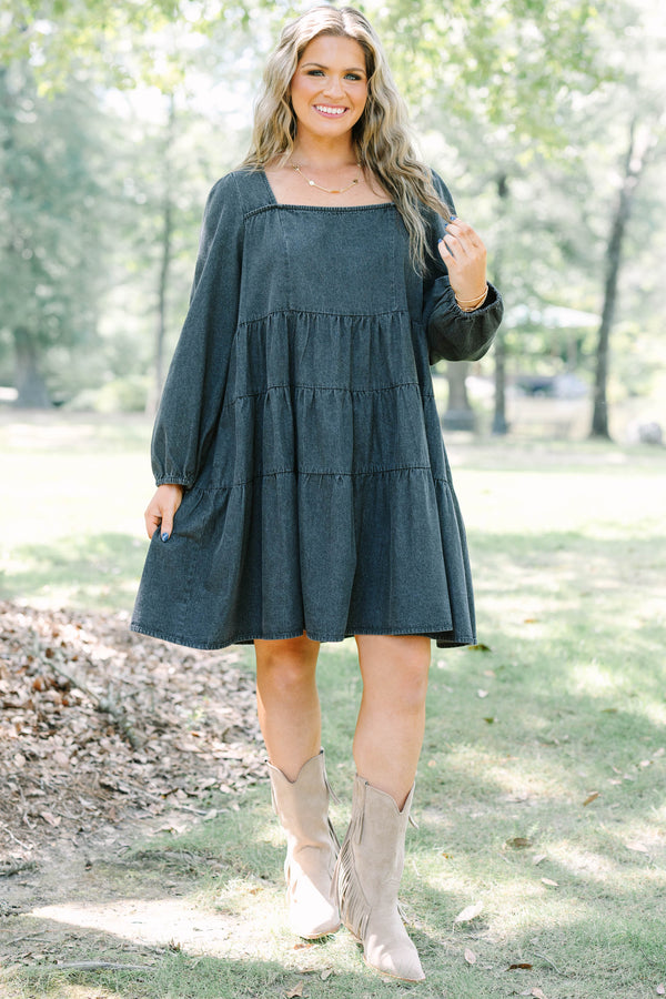 Plus Size gray tiered denim-style dress with a square neckline and long balloon sleeves.