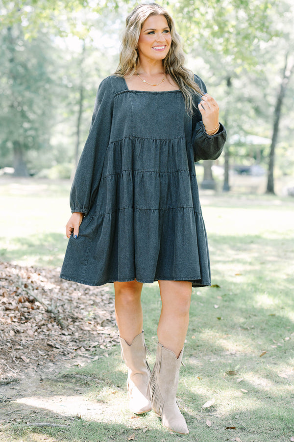 Plus Size gray tiered denim-style dress with a square neckline and long balloon sleeves.