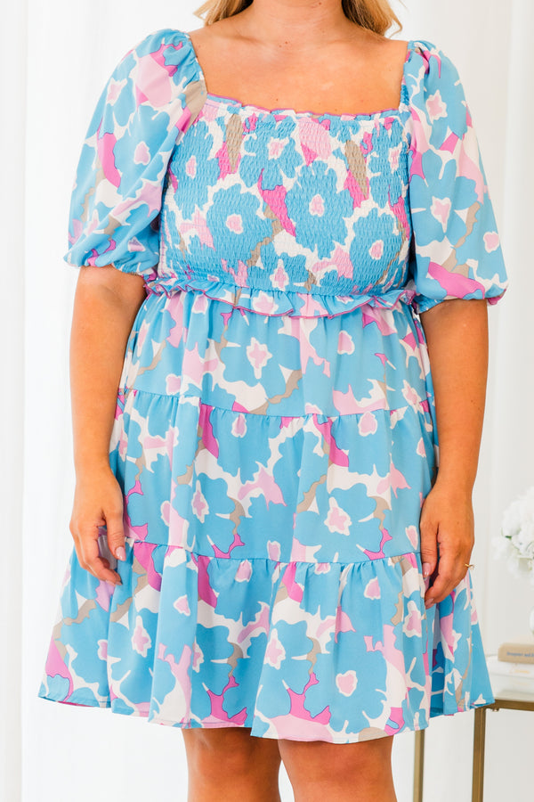 Chic Soul plus size clothing, short sleeve ruffled light blue dress with white and pink floral pattern and puffed sleeves with smocked bodice