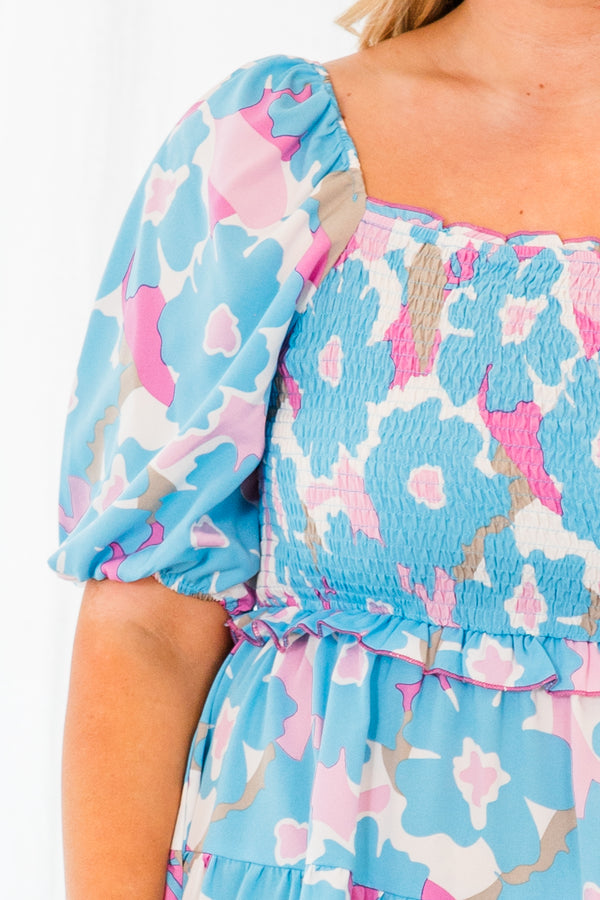 Chic Soul plus size clothing, short sleeve ruffled light blue dress with white and pink floral pattern and puffed sleeves with smocked bodice
