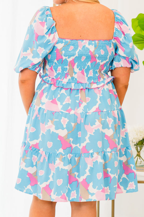 Chic Soul plus size clothing, short sleeve ruffled light blue dress with white and pink floral pattern and puffed sleeves with smocked bodice