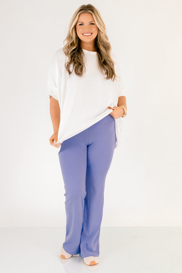 Chic Soul plus size clothing, blue hyacinth long flare leggings with large elastic waistband
