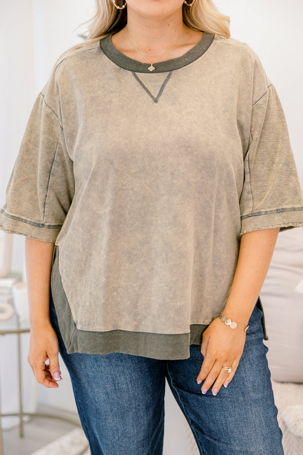 Chic Soul plus size clothing, light olive short sleeve acid wash sweatshirt material top