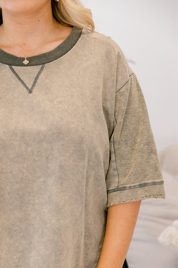 Chic Soul plus size clothing, light olive short sleeve acid wash sweatshirt material top