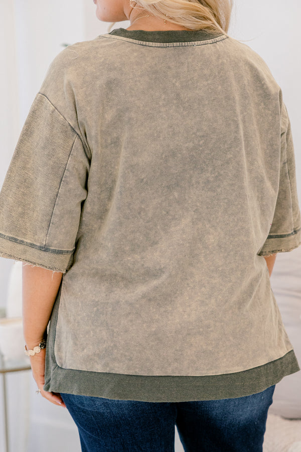 Chic Soul plus size clothing, light olive short sleeve acid wash sweatshirt material top
