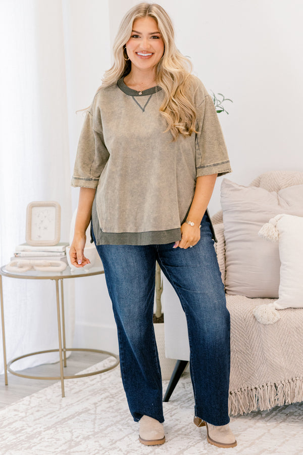 Chic Soul plus size clothing, light olive short sleeve acid wash sweatshirt material top