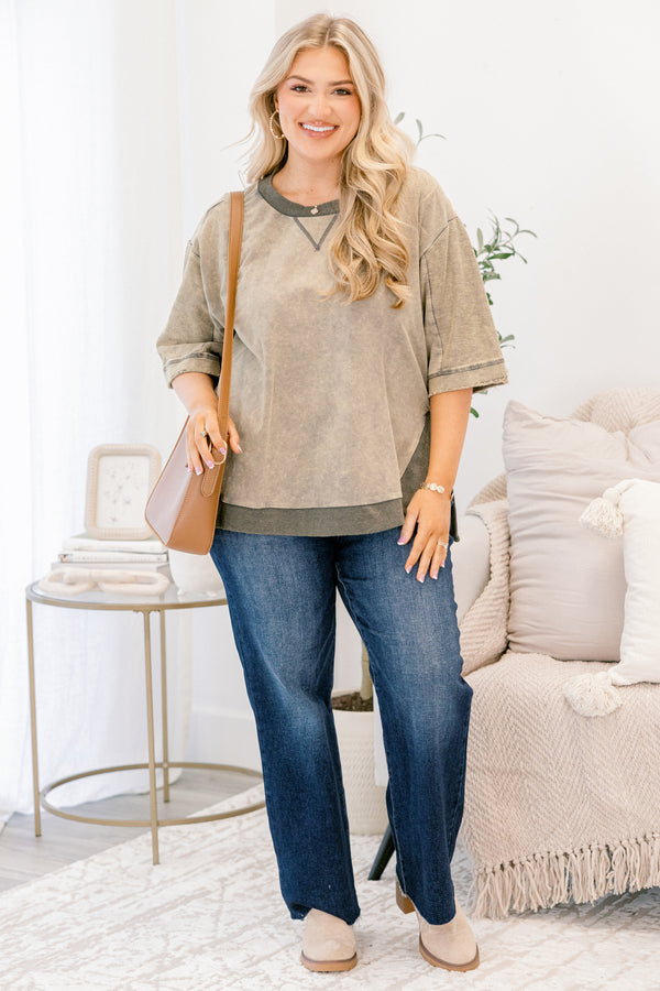 Chic Soul plus size clothing, light olive short sleeve acid wash sweatshirt material top