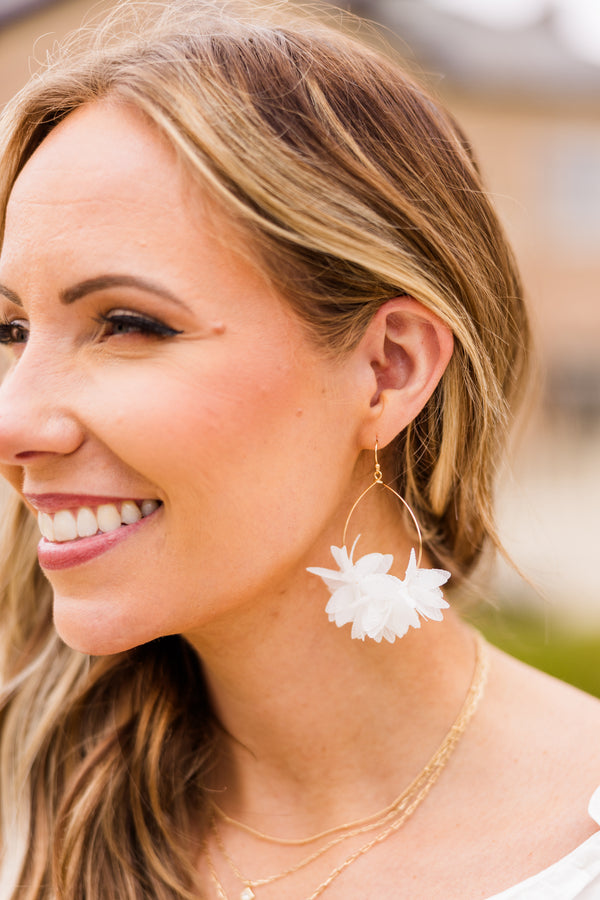 Chic Soul plus size clothing, gold dangle earrings with white feather detailing along bottom rim