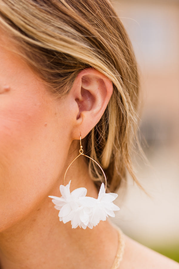 Chic Soul plus size clothing, gold dangle earrings with white feather detailing along bottom rim