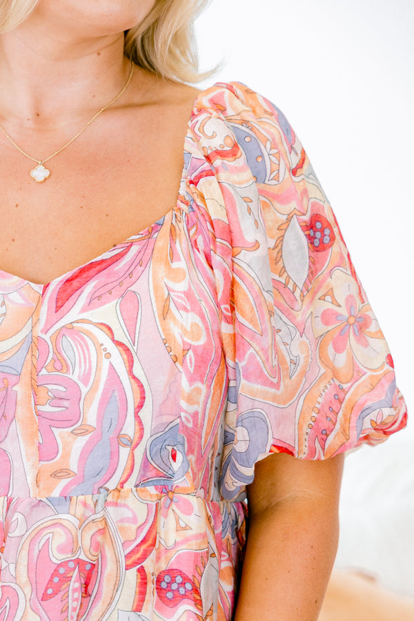 Chic Soul plus size clothing, pink multi colored abstract peplum top with round scoop neckline with puff sleeves with cuff detail