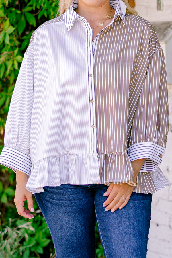 Chic Soul plus size clothing, blue and brown two toned three quarter sleeve button down top with horizontal pin strips and vertical pin stripes on cuff of sleeves