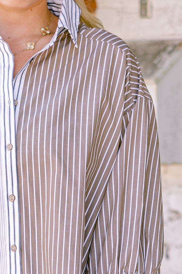 Chic Soul plus size clothing, blue and brown two toned three quarter sleeve button down top with horizontal pin strips and vertical pin stripes on cuff of sleeves