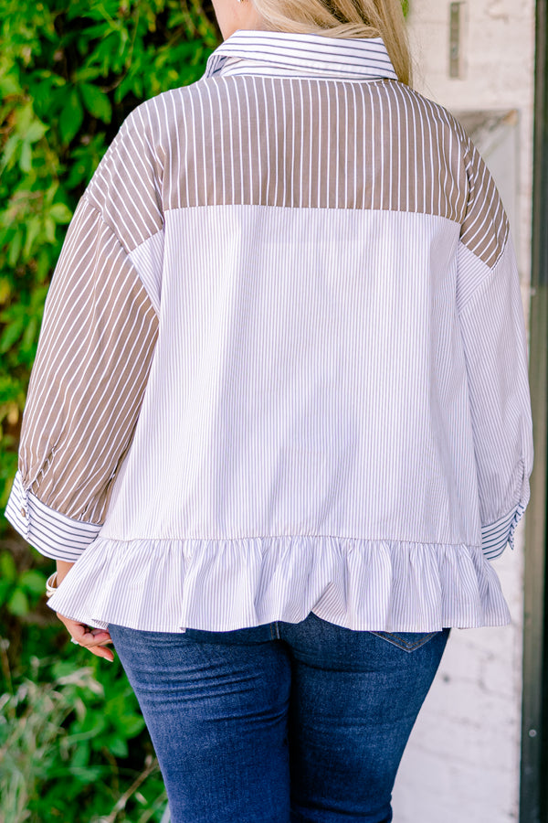 Chic Soul plus size clothing, blue and brown two toned three quarter sleeve button down top with horizontal pin strips and vertical pin stripes on cuff of sleeves