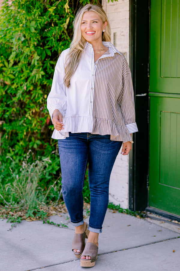 Chic Soul plus size clothing, blue and brown two toned three quarter sleeve button down top with horizontal pin strips and vertical pin stripes on cuff of sleeves