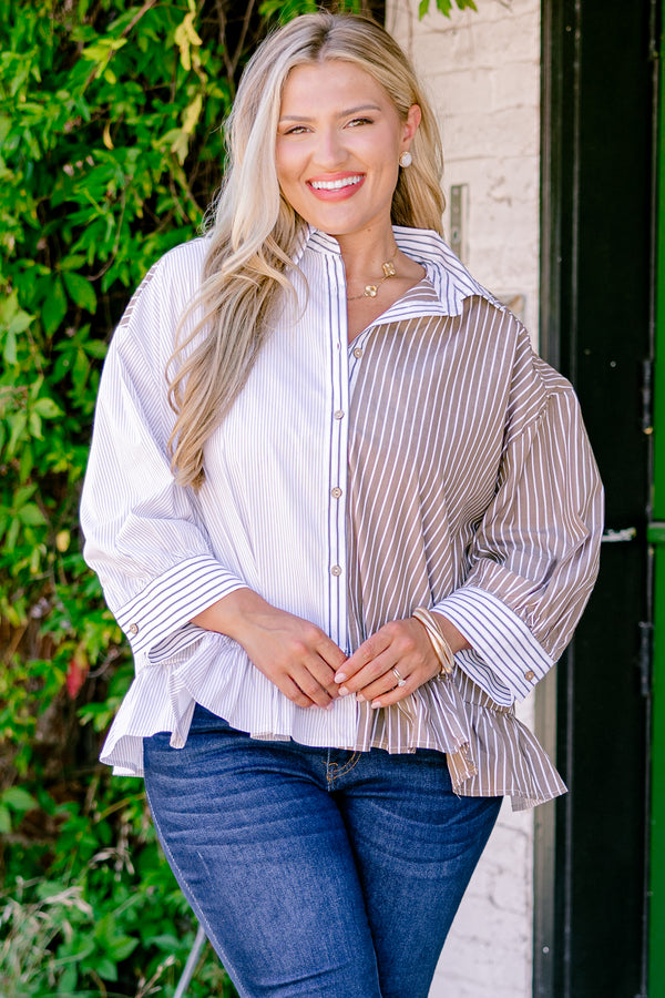 Chic Soul plus size clothing, blue and brown two toned three quarter sleeve button down top with horizontal pin strips and vertical pin stripes on cuff of sleeves