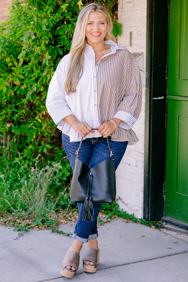 Chic Soul plus size clothing, blue and brown two toned three quarter sleeve button down top with horizontal pin strips and vertical pin stripes on cuff of sleeves