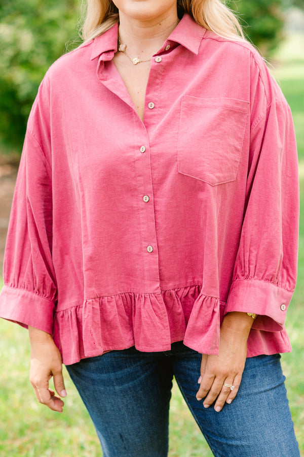 Chic Soul plus size clothing, pink corduroy long sleeve button up top with ruffle at the bottom of them hem and a front pocket