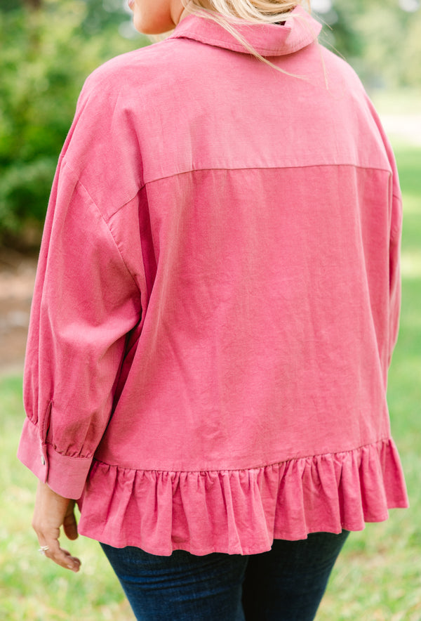 Chic Soul plus size clothing, pink corduroy long sleeve button up top with ruffle at the bottom of them hem and a front pocket