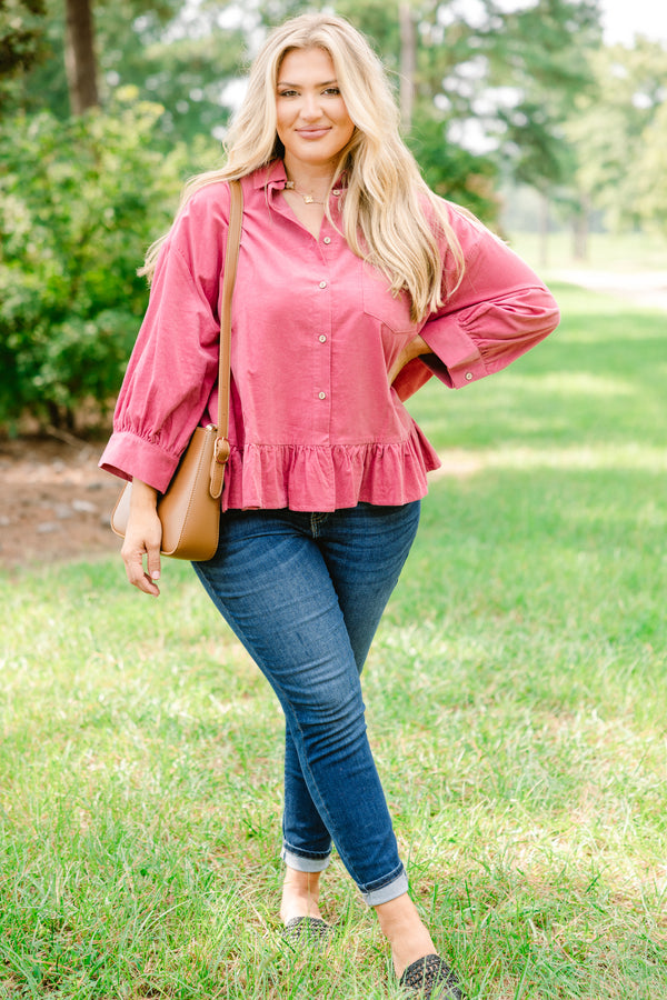 Chic Soul plus size clothing, pink corduroy long sleeve button up top with ruffle at the bottom of them hem and a front pocket