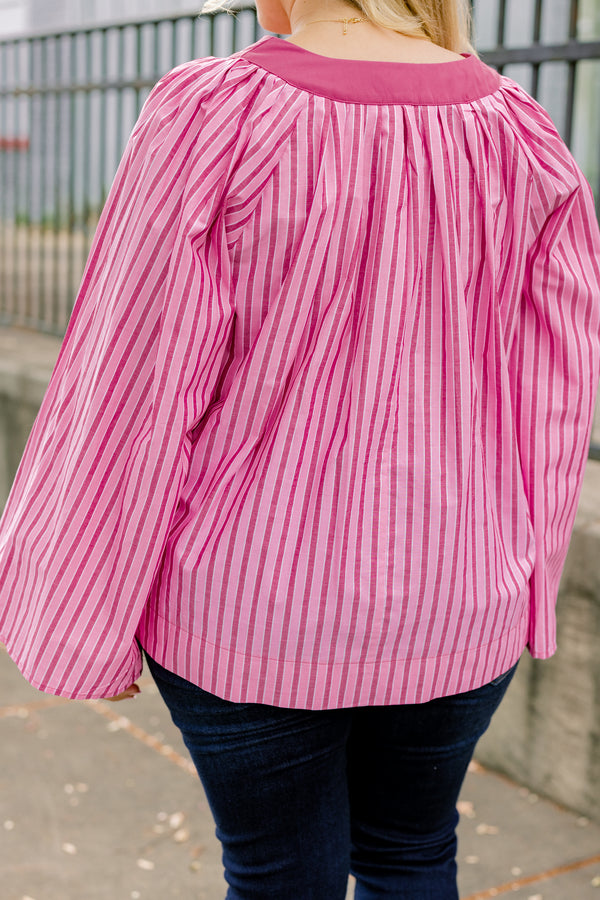 Chic Soul plus size clothing, pink long bell sleeve top with darker pink vertical pin stripes and darker pink wide v-neckline