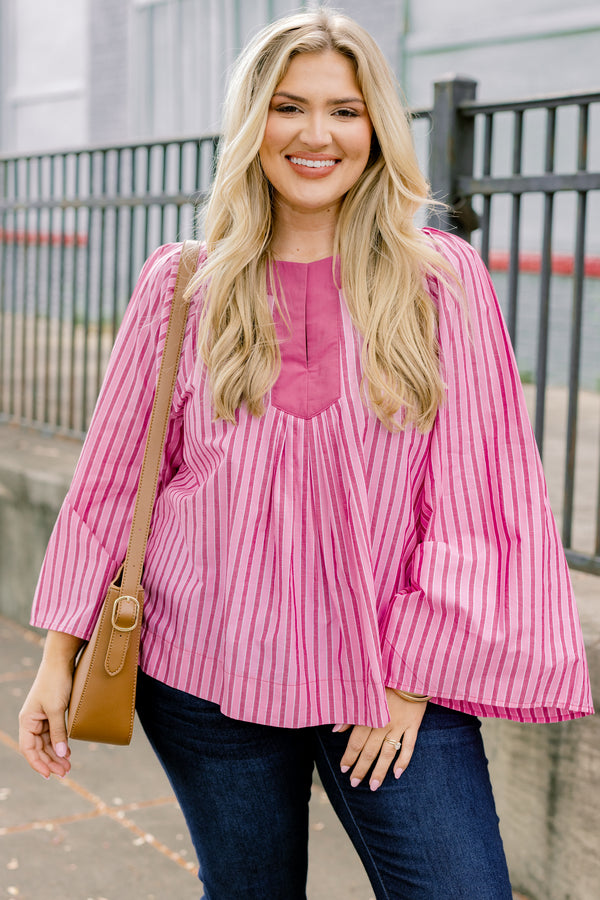 Chic Soul plus size clothing, pink long bell sleeve top with darker pink vertical pin stripes and darker pink wide v-neckline