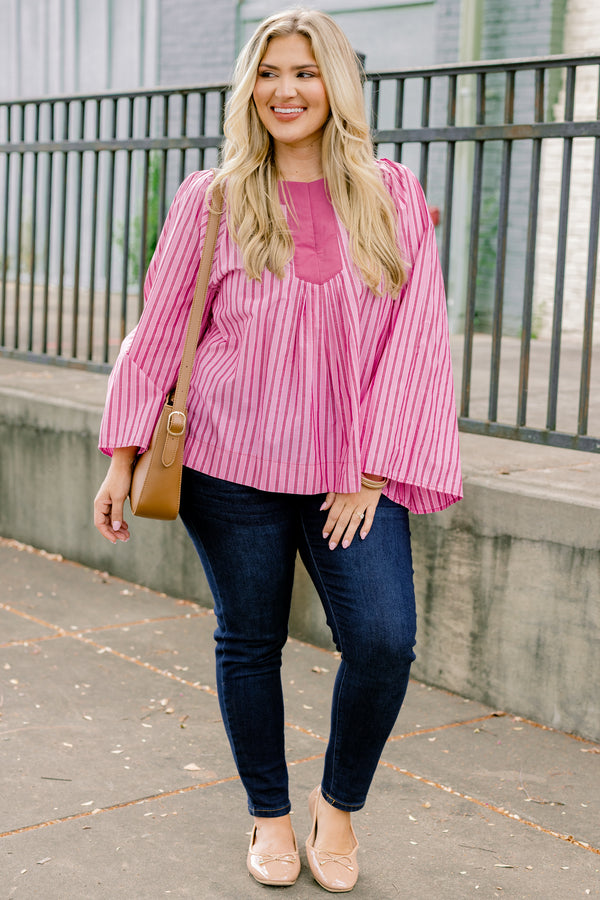 Chic Soul plus size clothing, pink long bell sleeve top with darker pink vertical pin stripes and darker pink wide v-neckline