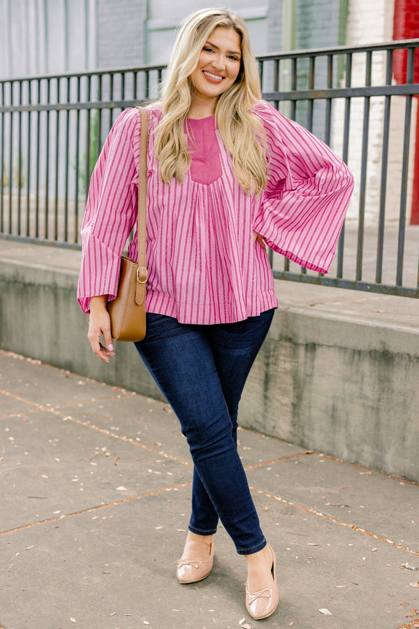 Chic Soul plus size clothing, pink long bell sleeve top with darker pink vertical pin stripes and darker pink wide v-neckline