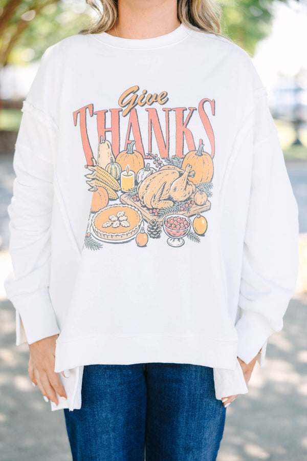 Plus Size ivory oversized crewneck sweatshirt with a vintage Give Thanks graphic and raw-edge 