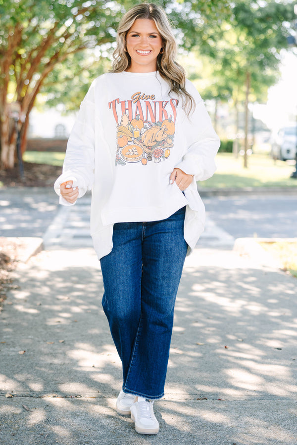 Plus Size ivory oversized crewneck sweatshirt with a vintage Give Thanks graphic and raw-edge 