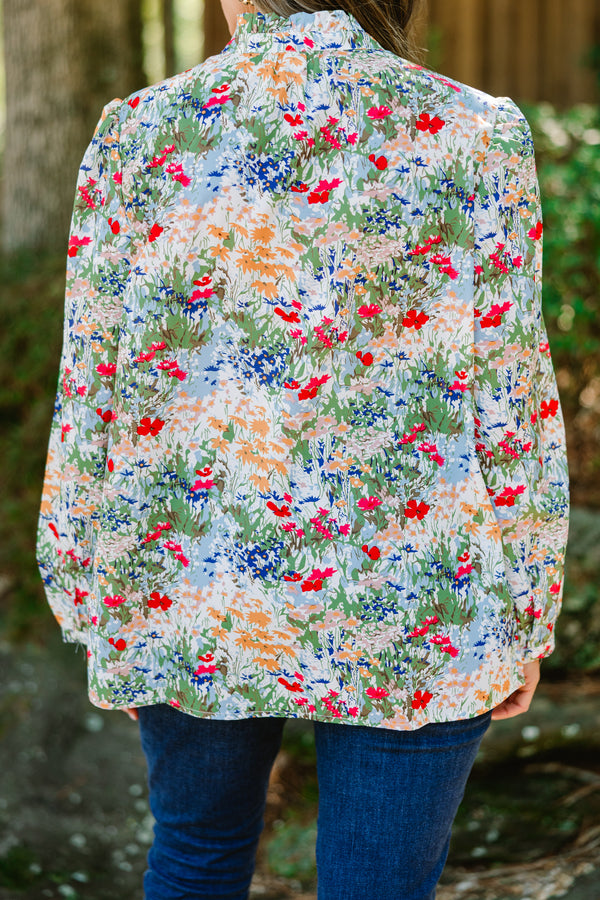 Chic Soul plus size clothing, light blue long sleeve button down top with multi color floral print and a collar