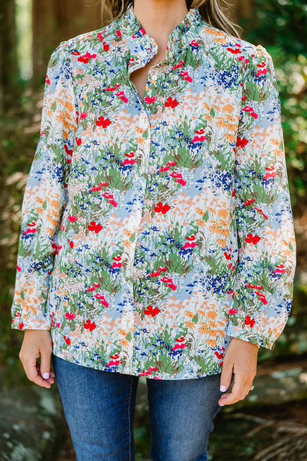 Chic Soul plus size clothing, light blue long sleeve button down top with multi color floral print and a collar