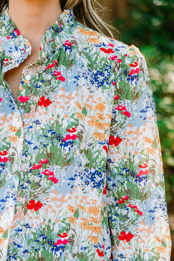 Chic Soul plus size clothing, light blue long sleeve button down top with multi color floral print and a collar