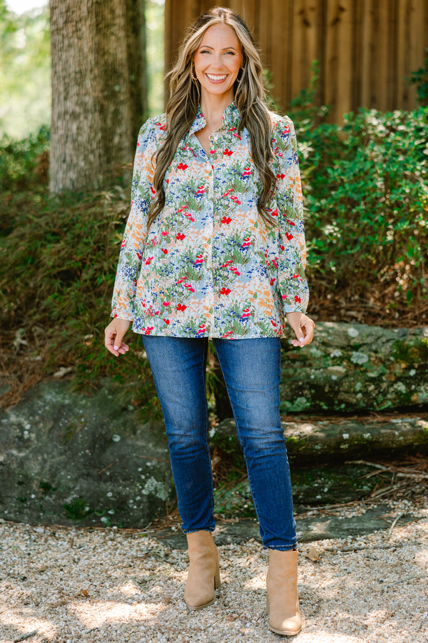Chic Soul plus size clothing, light blue long sleeve button down top with multi color floral print and a collar