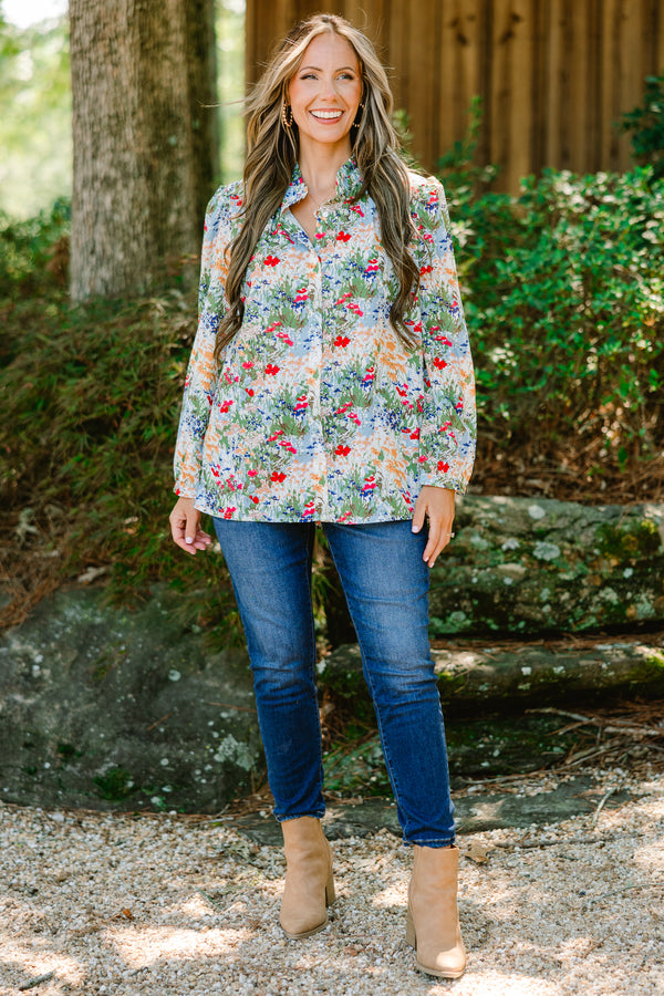 Chic Soul plus size clothing, light blue long sleeve button down top with multi color floral print and a collar