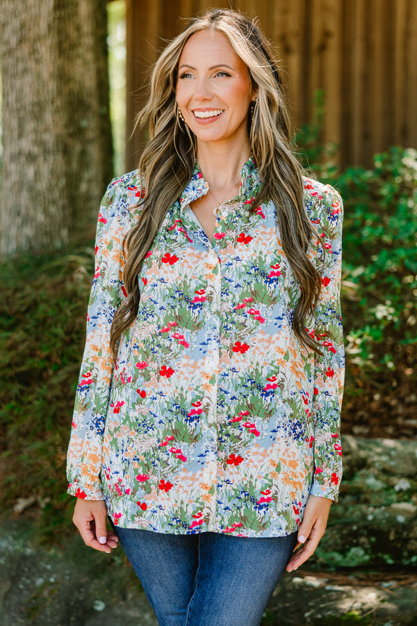 Chic Soul plus size clothing, light blue long sleeve button down top with multi color floral print and a collar