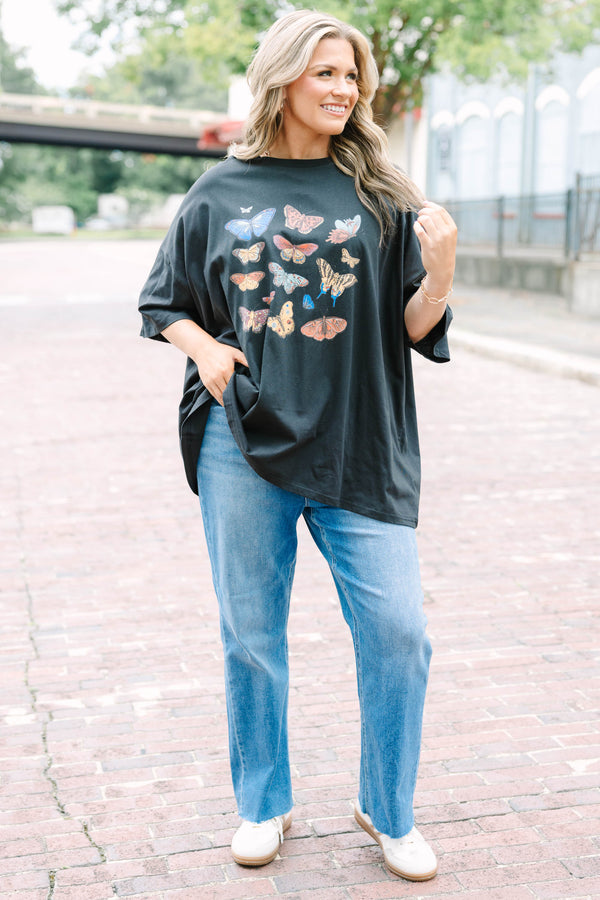 Chic Soul plus size clothing, black oversized boyfriend tee with an assortment of butterflies