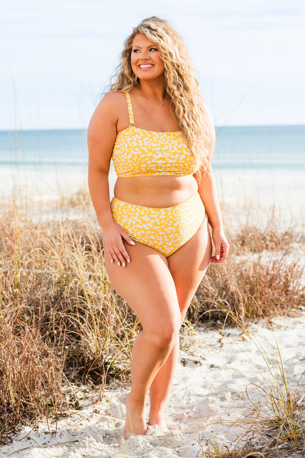 Chic Soul plus size clothing, yellow floral printed high waisted swim bottoms